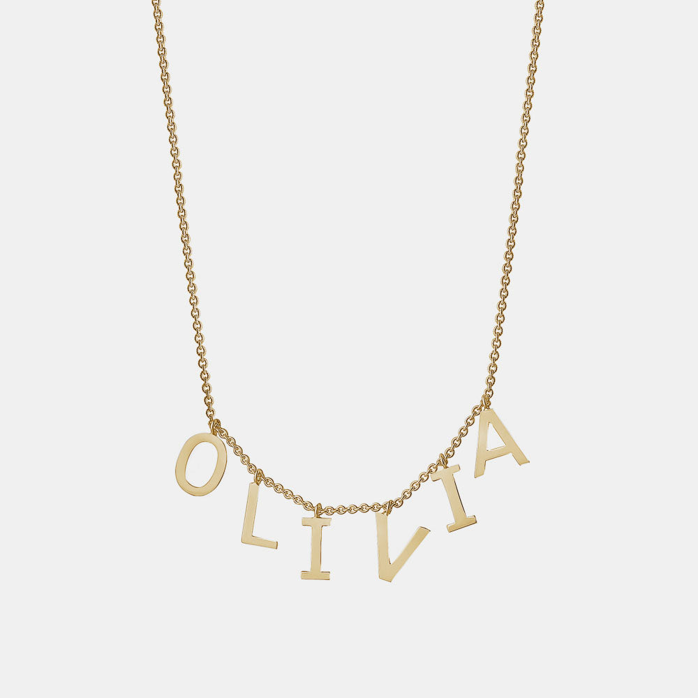 Name necklace deals dangling letters